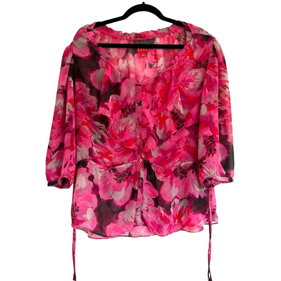 Elle Sheer Pink Floral Blouse Ruffle Neck Maximalist Floral Size XL - Picture 1 of 9